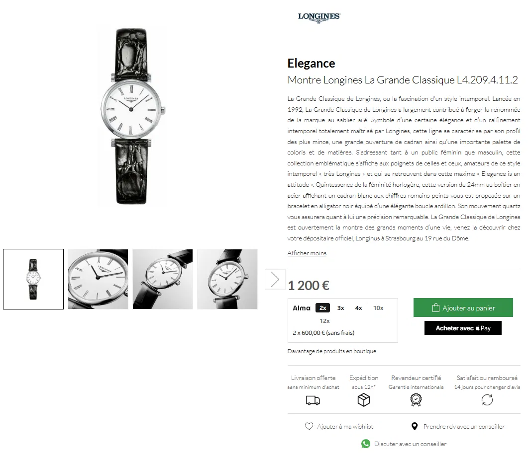 Page produit Longines Elegance sur Longinus 1891