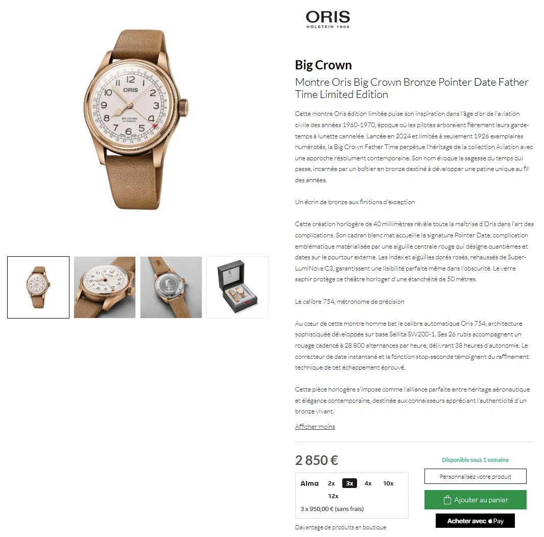 Page produit Oris sur Longinus 1891