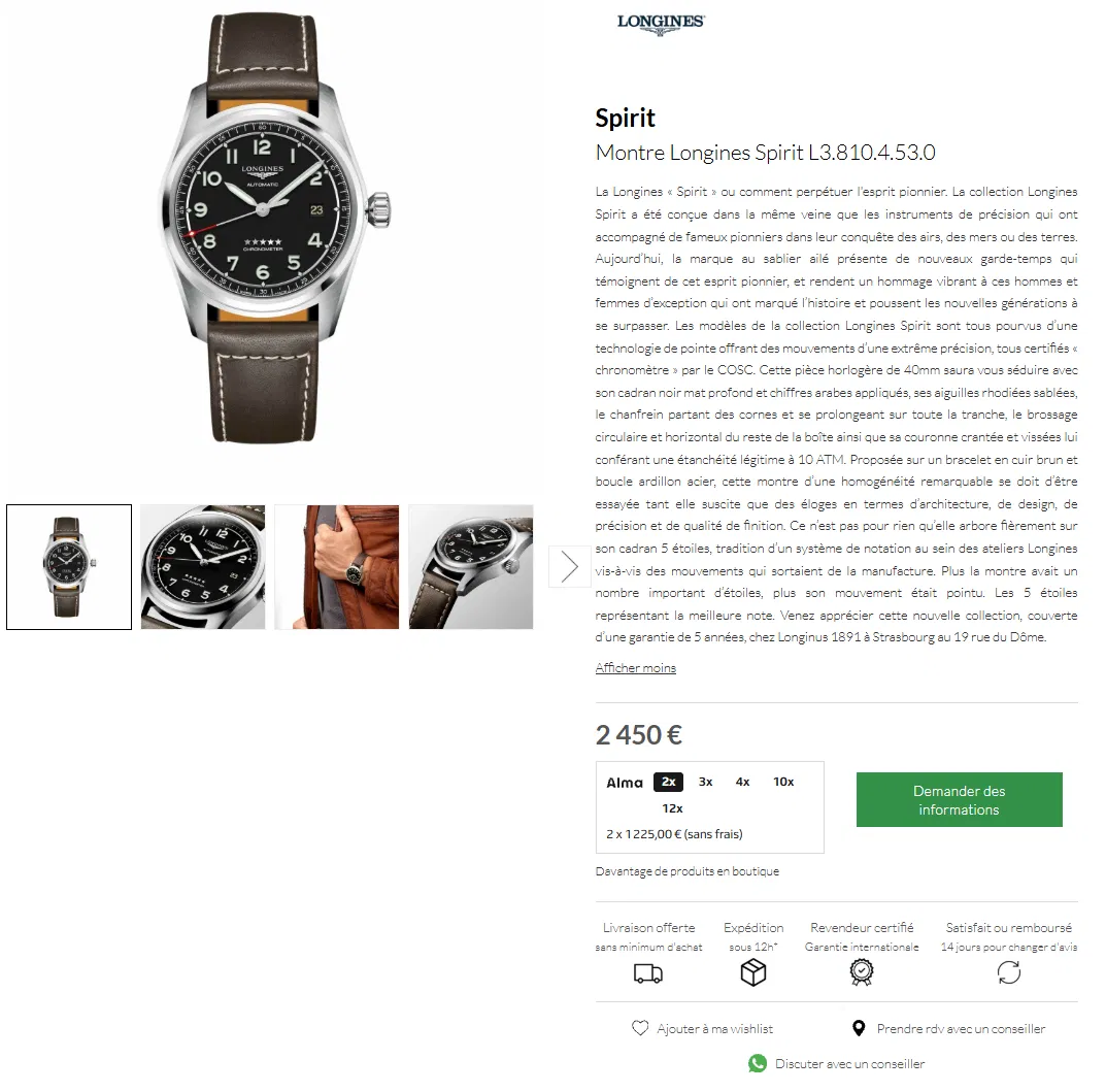 Page produit Longines Spirit sur Longinus 1891